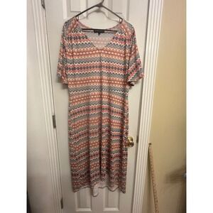 Inner Circle Womens Large Chevron Zigzag V-Neck Short Sleeve Midi Dress Orange